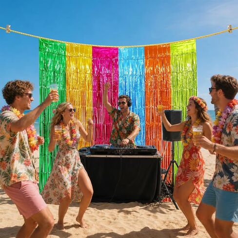 Menstarsi Hawaiian Luau Foil Fringe Curtains, Aloha Party Backdrop, 2 Pack | Hawaiian Luau Party Decorations, Aloha Photo Booth Props Streamers for Tropical Flamingo Tiki Pineapple Pool Party Decor in Kuwait