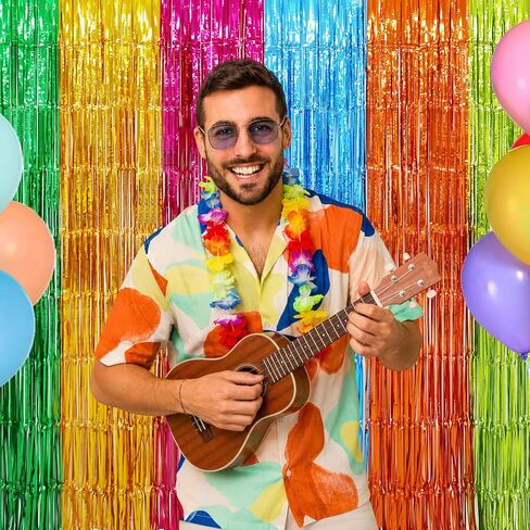 Menstarsi Hawaiian Luau Foil Fringe Curtains, Aloha Party Backdrop, 2 Pack | Hawaiian Luau Party Decorations, Aloha Photo Booth Props Streamers for Tropical Flamingo Tiki Pineapple Pool Party Decor in Kuwait