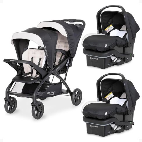 Baby Trend Sit N Stand Double Stroller & 2-Pack EZ Lift Plus Infant Car Seat, Modern Khaki - Convertible Tandem Travel System Combo for Newborn and Toddler, Foldable and Compact Design in Kuwait