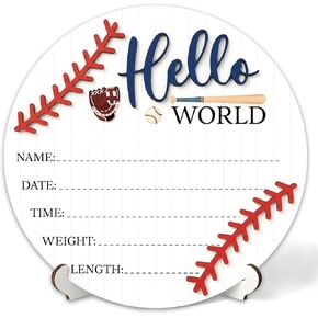 3D Baseball Hello World Newborn Sign for Hospital, Baseball Baby Announcement Sign for New Baby Boy Girl, Welcome Babies Birth Wooden Signs for Nursery, Neutral Newborn Photography Props-A02 in Kuwait