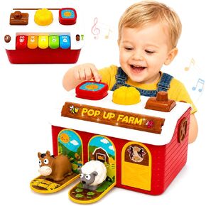 Interactive Pop Up Farm Animal Toys with Music Light & Piano | Montessori Cause and Effect Baby Toys for 1 Year Old Boy Girl, Early Learning Birthday Gift for Toddler Infant 12-18 Months in Kuwait
