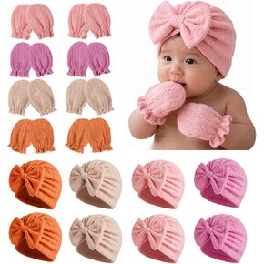 8 Sets Newborn Baby Girl Hats & Mittens, Cotton Preemie Hospital Bow Cap, No Scratch Gloves,Infant Beanies 0-3 Months in Kuwait