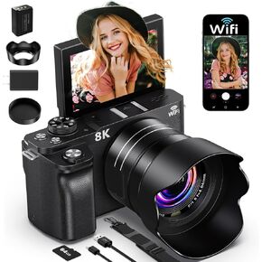 8K Digital Camera, 88MP Cameras for Photography, WiFi Vlogging Camera for YouTube with 3" 180° Flip Screen, 18X Zoom UHD Autofocus Video Camara with Lens Hood, 64GB Card in Kuwait