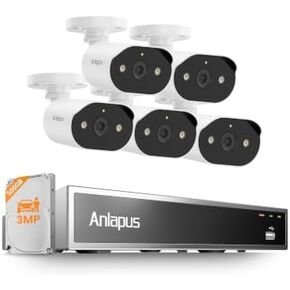Anlapus 8CH 5MP PoE Security Camera System, 5 Pack 3MP PoE IP Camera for Home Security Outdoor, Color Night Vision, Person/Vehicle Detection, Spotlight, 8 Channel NVR with 500GB HDD for 24/7 Recording in Kuwait