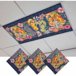Fluorescent Light Covers, Nautical Coastal Magnetic Light Covers for Ceiling Lights, Ocean Flip Flops Coral Starfish Flowers Blue Fluorescent Ceiling Shade for Classroom Bedroom Office 4x2Ft x 3PCS in Kuwait