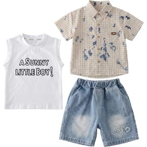 JQT Toddler Boys 3-Piece Summer Outfit, Plaid Graffiti Shirt, Letter Tee and Distressed Denim Shorts Set in Saudi Arabia