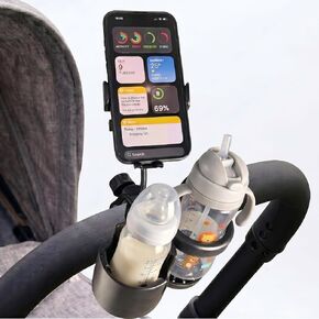 Universal 3-in-1 Stroller Cup Holder with 360° Rotatable Phone Mount, Detachable Dual Drink Holder for Bicycle, Motorcycle, Wheelchair, Walker, and Scooter, Fits Large Tumblers & Baby Bottles in Saudi Arabia