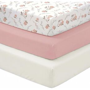 Baby Crib Sheets for Girls Boys, 3 Pack Fitted Crib Sheets 52 x 28 x 8 Inch, Soft Stretchy Polyester Baby Sheets for Standard Criband Toddler Mattress, Pink+White+Flower in Kuwait