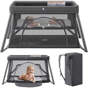 Travel Crib,Portable Baby Crib,Foldable Playpen,Pack and Play (Dark Grey) | Easy Setup Baby Travel Bed with Mattress for Babies and Toddler, Lightweight Backpack Design & Zipper Door for Outdoor Use in Kuwait