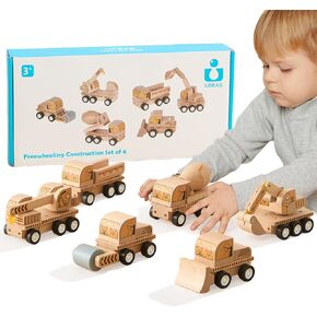 6-Piece Wooden Construction Vehicle Toys Set with Bulldozer, Excavator, Crane, Dump Truck – Montessori Toddler Toys Ages 2-4, All-Natural Safe Push & Go Gift for Boys & Girls in Kuwait
