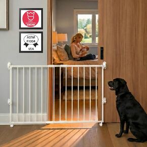 Yeagle Extendable Rolling Guard, Adjustable Dog Gate 33-51" for Stairs Doorways Hallways, No Bottom Rail, White Metal Pet Barrier with Wheels, One-Hand Operation, Dual-Side Opening in Kuwait