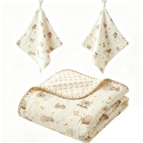 3-Piece Baby Blanket Set - Soft Cotton Muslin Swaddle with Minky Dotted Backing, 2 Matching Washcloths, Breathable Double Layer Receiving Blanket for Newborn Boys & Girls (Teddy Bear) in Kuwait