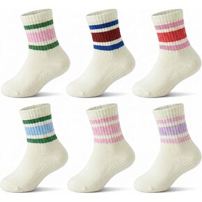 6 Pairs Toddler Non-Slip Socks Unisex Baby Girls Grip Crew Seamless Cotton Sock with Retro Stripe for 0-5T Kids in Kuwait