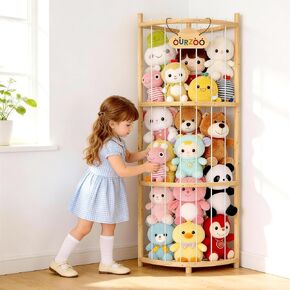 Wooden Corner Stuffed Animal Storage Organizer Tower with Stability Strap, Space-Saving 1/4 Circular Plushie Zoo Cage for Toddler Bedrooms, Playrooms & Living Rooms, Toy Organizer and Storage Solution in Kuwait