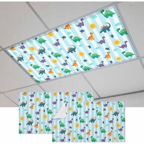 Fluorescent Light Covers, Cartoon Dinosaur Magnetic Light Covers for Ceiling Lights, Watercolor Green Orange Dino Sun Striped Fluorescent Ceiling Shade for Classroom Bedroom Office 4x2Ft x 3PCS in Kuwait
