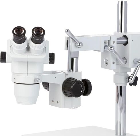 AmScope ZM-4B Professional Binocular Stereo Zoom Microscope, EW10x Eyepieces, 6.7X-45X Magnification, 0.67X-4.5X Zoom Objective, Ambient Lighting, Double-Arm Boom Stand in Kuwait