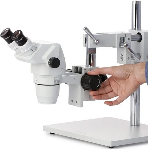 AmScope ZM-4B Professional Binocular Stereo Zoom Microscope, EW10x Eyepieces, 6.7X-45X Magnification, 0.67X-4.5X Zoom Objective, Ambient Lighting, Double-Arm Boom Stand in Kuwait