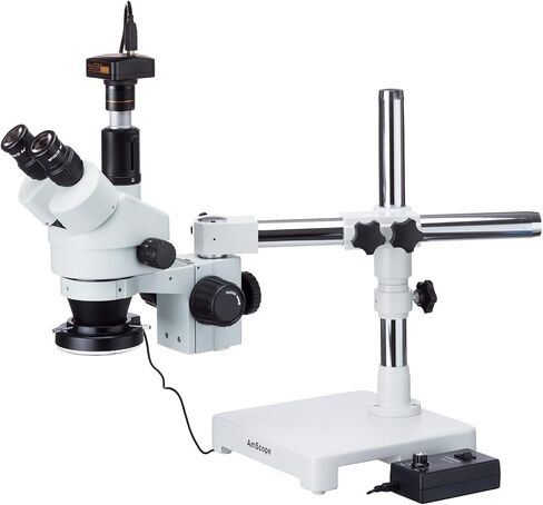 AmScope 3.5X-180X Trinocular Stereo Zoom Microscope on Single Arm Boom Stand with 144 LED and 10MP Camera in Kuwait