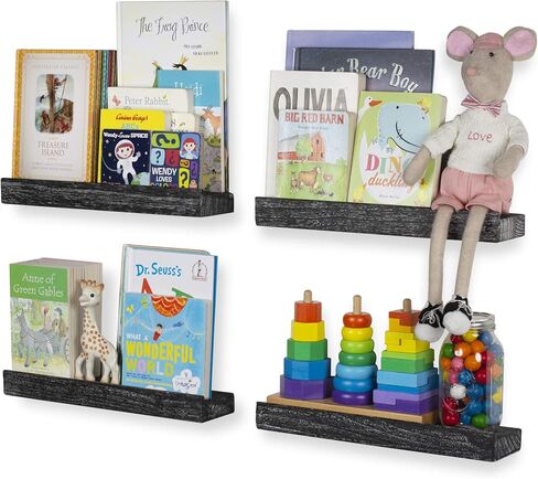 Rustic State Smith Wall Mount Wood Picture Ledge Photo Frame Display Storage - Kids Baby Nursery Room Bookshelf - Farmhouse Décor Floating Shelves - 16.60 Inch - Set of 4 - Reclaimed Black in Kuwait