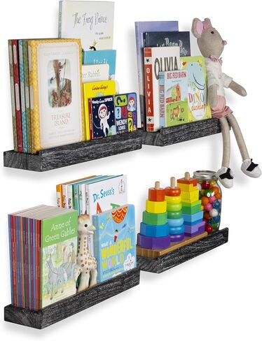 Rustic State Smith Wall Mount Wood Picture Ledge Photo Frame Display Storage - Kids Baby Nursery Room Bookshelf - Farmhouse Décor Floating Shelves - 16.60 Inch - Set of 4 - Reclaimed Black in Kuwait