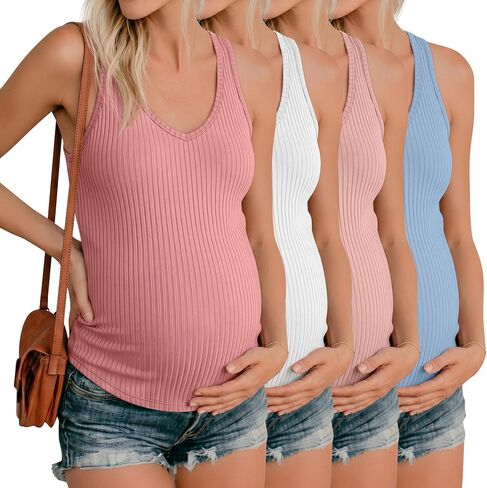 Neer 4 Pack Maternity Tank Tops 92% Cotton Ribbed Sleeveless Shirts for Women V Neck Summer Tanks Basic Pregnancy Clothes in Kuwait