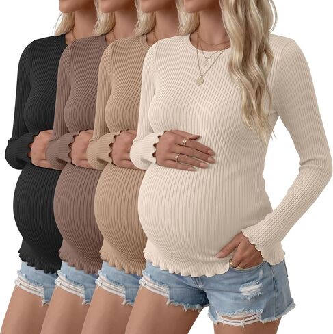 Riyiper 4 Pcs Women's Maternity Ribbed Shirts Long Sleeve Lettuce Pregnancy Tops Crew Neck Casual Basic Mama Clothes in Kuwait