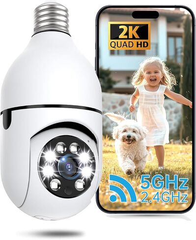 Light Bulb Security Camera, 5G&2.4GHz 2K Security Cameras Wireless Outdoor 360° PTZ Cameras for Home Security with Color Night Vision, 2 Way Talk, AI Human Detection, Screw in Light Socket in Kuwait