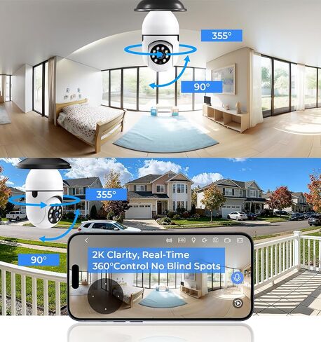 Light Bulb Security Camera, 5G&2.4GHz 2K Security Cameras Wireless Outdoor 360° PTZ Cameras for Home Security with Color Night Vision, 2 Way Talk, AI Human Detection, Screw in Light Socket in Kuwait