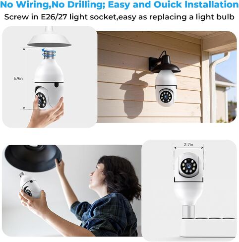 Light Bulb Security Camera, 5G&2.4GHz 2K Security Cameras Wireless Outdoor 360° PTZ Cameras for Home Security with Color Night Vision, 2 Way Talk, AI Human Detection, Screw in Light Socket in Kuwait