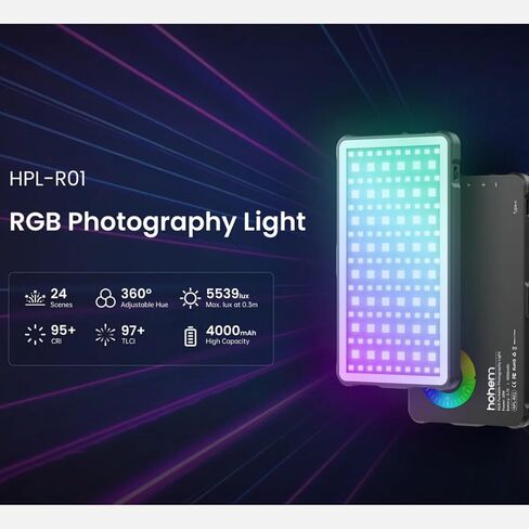 Hohem HPL-R01 Photography Lighting, On Camera Light, RGB Video Light, 130 Minutes Portable Camera Light, CCT 2500K-9000K, CRI 95+, TLCI 97+, 24 FX Effects, 10W Output for TikTok, Content Creator in Kuwait