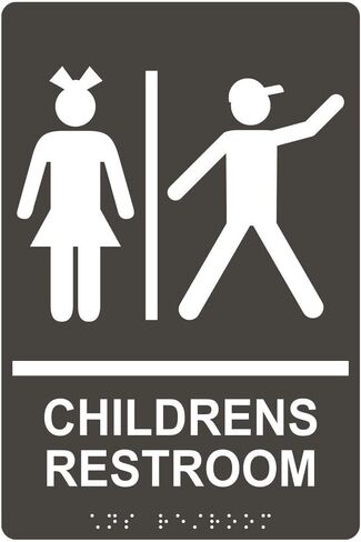 ComplianceSigns.com Childrens Restroom Sign, ADA-Compliant Braille and Raised Letters, 9x6 inch White on Black Acrylic with Adhesive Mounting Strips, American Made Safety Signs for the Workplace in Kuwait