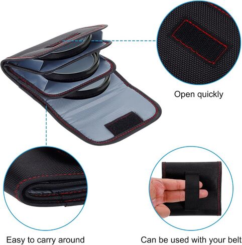 Lens Filter Case, 3-Pocket Camera Filter Case Portable Lens Filter Pouch Photography with Belt Loop Fit Camera Bag Strap Pocket Drone for 25mm-82mm, Black Red in Kuwait