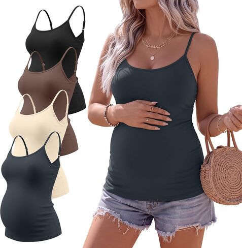 Ficerd 4 Pack Womens Maternity Tank Tops Pregnancy Sleeveless Shirts Cami Basic Mama Clothes with Adjustable Spaghetti Straps in Kuwait