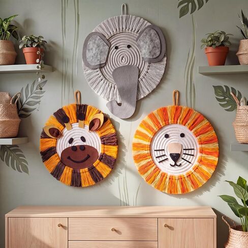 Marsui 3 Pcs Jungle Animal Nursery Wall Decor Cute Giraffe Lion Elephant Boho Wall Hanging Hand Woven Cotton Rope Macrame Safari Theme Gifts for Girl Boy Bedroom Baby Shower in Kuwait