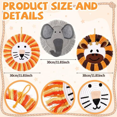 Marsui 3 Pcs Jungle Animal Nursery Wall Decor Cute Giraffe Lion Elephant Boho Wall Hanging Hand Woven Cotton Rope Macrame Safari Theme Gifts for Girl Boy Bedroom Baby Shower in Kuwait