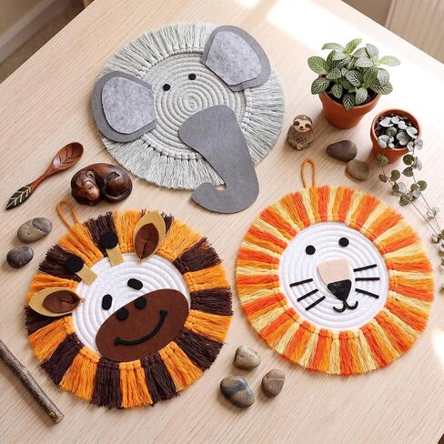 Marsui 3 Pcs Jungle Animal Nursery Wall Decor Cute Giraffe Lion Elephant Boho Wall Hanging Hand Woven Cotton Rope Macrame Safari Theme Gifts for Girl Boy Bedroom Baby Shower in Kuwait