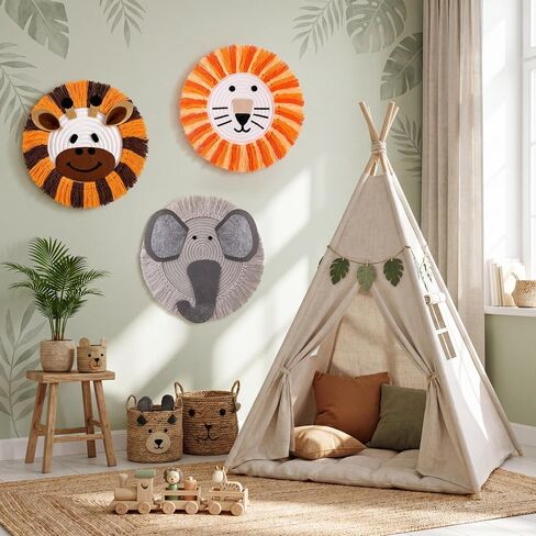 Marsui 3 Pcs Jungle Animal Nursery Wall Decor Cute Giraffe Lion Elephant Boho Wall Hanging Hand Woven Cotton Rope Macrame Safari Theme Gifts for Girl Boy Bedroom Baby Shower in Kuwait