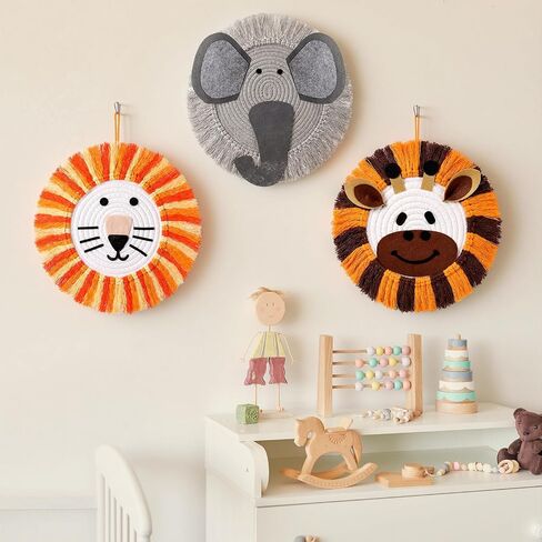 Marsui 3 Pcs Jungle Animal Nursery Wall Decor Cute Giraffe Lion Elephant Boho Wall Hanging Hand Woven Cotton Rope Macrame Safari Theme Gifts for Girl Boy Bedroom Baby Shower in Kuwait