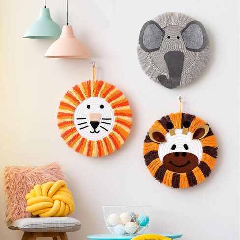 Marsui 3 Pcs Jungle Animal Nursery Wall Decor Cute Giraffe Lion Elephant Boho Wall Hanging Hand Woven Cotton Rope Macrame Safari Theme Gifts for Girl Boy Bedroom Baby Shower in Kuwait