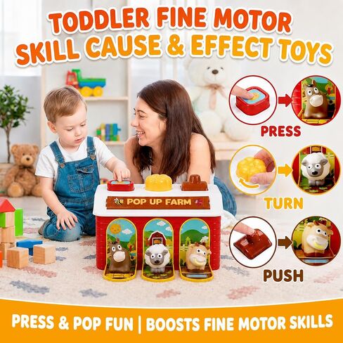 Interactive Pop Up Farm Animal Toys with Music Light & Piano | Montessori Cause and Effect Baby Toys for 1 Year Old Boy Girl, Early Learning Birthday Gift for Toddler Infant 12-18 Months in Kuwait