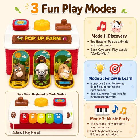 Interactive Pop Up Farm Animal Toys with Music Light & Piano | Montessori Cause and Effect Baby Toys for 1 Year Old Boy Girl, Early Learning Birthday Gift for Toddler Infant 12-18 Months in Kuwait