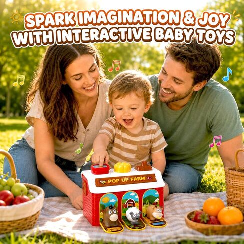 Interactive Pop Up Farm Animal Toys with Music Light & Piano | Montessori Cause and Effect Baby Toys for 1 Year Old Boy Girl, Early Learning Birthday Gift for Toddler Infant 12-18 Months in Kuwait