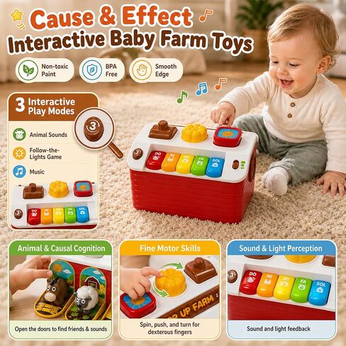 Interactive Pop Up Farm Animal Toys with Music Light & Piano | Montessori Cause and Effect Baby Toys for 1 Year Old Boy Girl, Early Learning Birthday Gift for Toddler Infant 12-18 Months in Kuwait