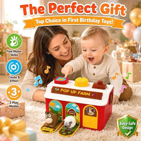 Interactive Pop Up Farm Animal Toys with Music Light & Piano | Montessori Cause and Effect Baby Toys for 1 Year Old Boy Girl, Early Learning Birthday Gift for Toddler Infant 12-18 Months in Kuwait