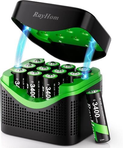 12 Pack 3400 mWh Rechargeable AA Lithium Batteries with 12 Slot Charger | 1.5V Double a Rechargeable Lithium Batteries, Constant Voltage Output, 2000+ Cycles, Magnetic Li-ion Battery Charger Case in Kuwait