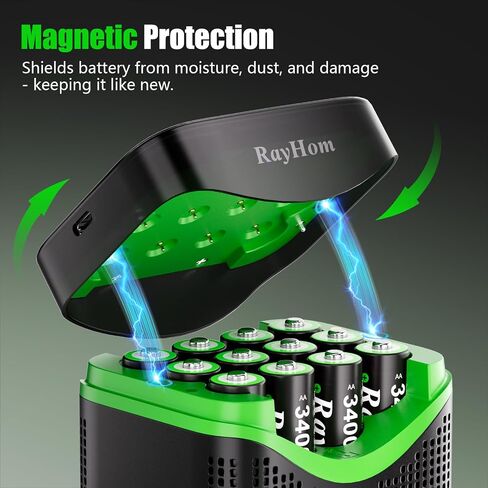 12 Pack 3400 mWh Rechargeable AA Lithium Batteries with 12 Slot Charger | 1.5V Double a Rechargeable Lithium Batteries, Constant Voltage Output, 2000+ Cycles, Magnetic Li-ion Battery Charger Case in Kuwait