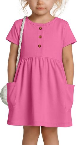 Toddler Girls Dress with Pockets Baby Short Sleeve Crew Neck Dresses Summer Button Front Cute Clothes 18 M-5 T in Kuwait