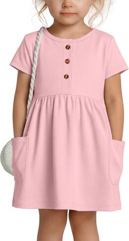 Toddler Girls Dress with Pockets Baby Short Sleeve Crew Neck Dresses Summer Button Front Cute Clothes 18 M-5 T in Kuwait