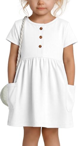 Toddler Girls Dress with Pockets Baby Short Sleeve Crew Neck Dresses Summer Button Front Cute Clothes 18 M-5 T in Kuwait