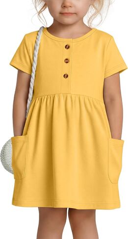 Toddler Girls Dress with Pockets Baby Short Sleeve Crew Neck Dresses Summer Button Front Cute Clothes 18 M-5 T in Kuwait